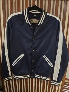 Vintage Burberry Navy Satin Bomber Jacket with White-Striped Rib Trim. Xs Size50